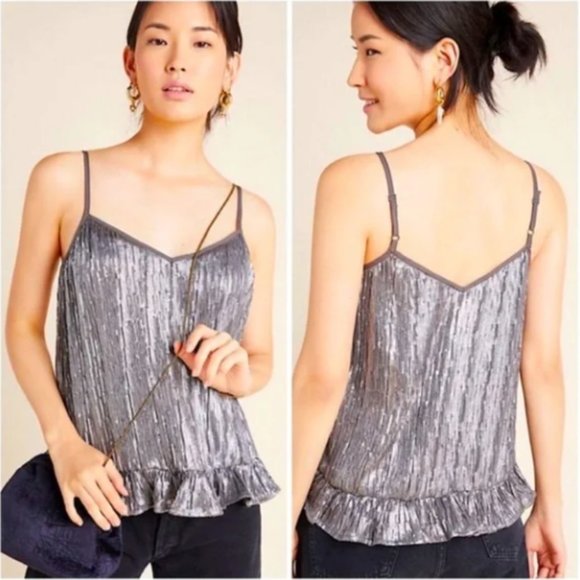 Anthropologie Sequin Cami Amelie Metallic Silver SZ 12 NWT - Picture 1 of 15